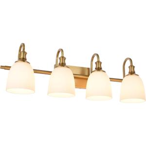 Bathroom Vanity Light Fixtures, Vintage Aged Brass 4 Lights Wall Sconce Lighting with Milk Glass Shade, Porch Wall Mount Light Fixture for Bathroom, Mirror Cabinets Hallway Stairs