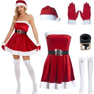 Christmas Dress Women Santa Clause Costume with Santa Belt Gloves, Hat, Bow Knee Socks (Small)