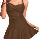 Tempt Me Women One Piece Swimsuit with Skirt Tummy Control Swim Dress Halter Vintage Bathing Suit (Large, Brown)