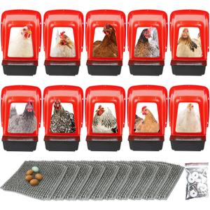Chicken Nesting Boxes 10 Pack with Egg Roll Out, Plastic Chicken Laying Boxes for Chicken Coop, Wall Mounted Hen Nesting Box for Chickens & Poultry, Durable, Easy to Install & Clean, Red