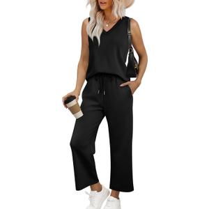 WIHOLL Two Piece Set for Women Summer Outfits Vacation Trendy Lounge Sets V Neck Matching Sets (Small, Black)