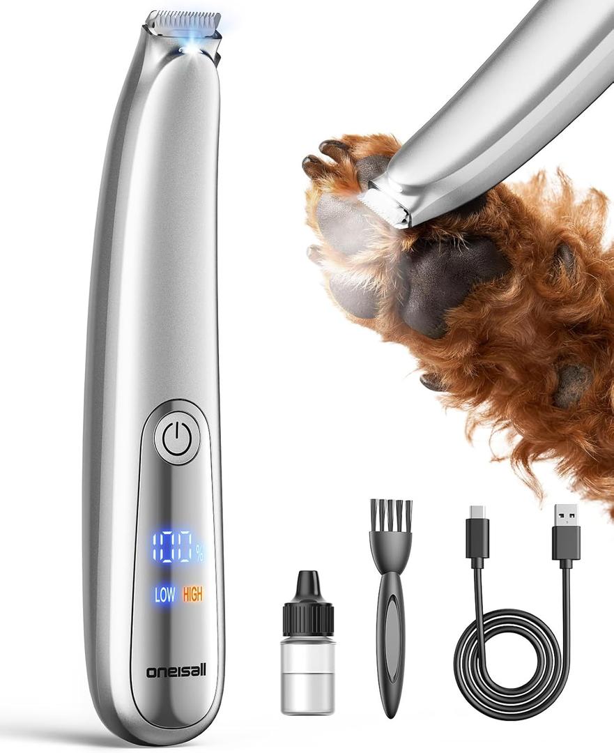 Oneisall Dog Paw Trimmer, 2-Speed Up to 6500 RPM, 35dB Low-Noise Safe Pet Paw Trimmers with Curved Blade and LED Light, Cordless Pet Grooming Paw Clipper for Dogs, Cats, Paws, Ears, Face, Rump
