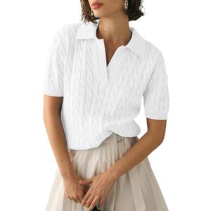 Imily Bela Women's Cable Short Sleeve Sweaters Tops Solid Lapel V Neck Knit Casual Soft Pullover Shirt (X-Large, White)