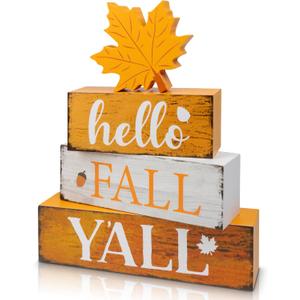2 x 4 Pcs Hello Fall Decor Wooden Tiered Tray Decor, Maple Leaf Autumn Decorations Gifts for Home, Thanksgiving Table Centerpiece for Autumn Harvest Party Kitchen
