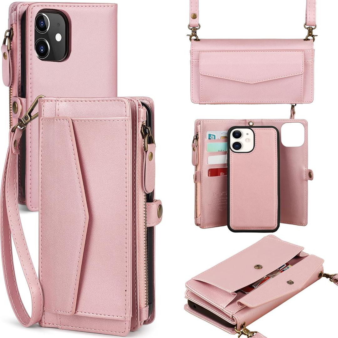 for iPhone 11 Wallet Case for Women, Support Wireless Charging with RFID Blocking Card Holder, Leather Zipper Detachable Magnetic Phone Case with Crossbody Strap Lanyard, Pink