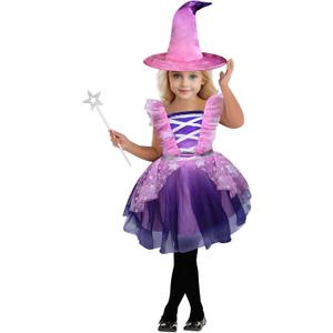 Witch Costume for Girls Princess Dress with Hat and Wand Party Halloween Costumes for Kids (Small(4-6Y), Pink)