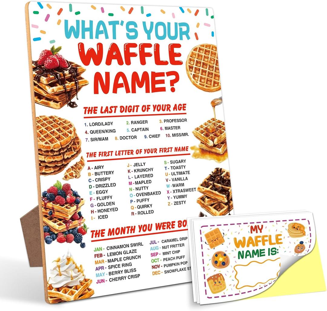 Waffle Decorations for Birthday Party Game, What is Your Waffle Name,68 Wooden Play Sign with Stand and 30 Name Stickers Set