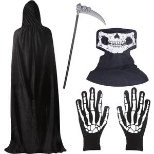 BILLMOSS Halloween Grim Reaper Costume - Hooded Cloak Velvet Black Cloak with Scythe Skull Mask Skeleton Gloves Grim Reaper Party Costumes for Kids
