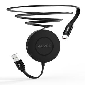 AGVEE 0.3ft Fixed / 2.3ft Extend USB-A to C Charger Cable Mountable One Way Retractable 3A Fast Charging Cord, Pocket-Sized for iPhone 15 16 Carplay/Samsung Desk Management Organizer, Black