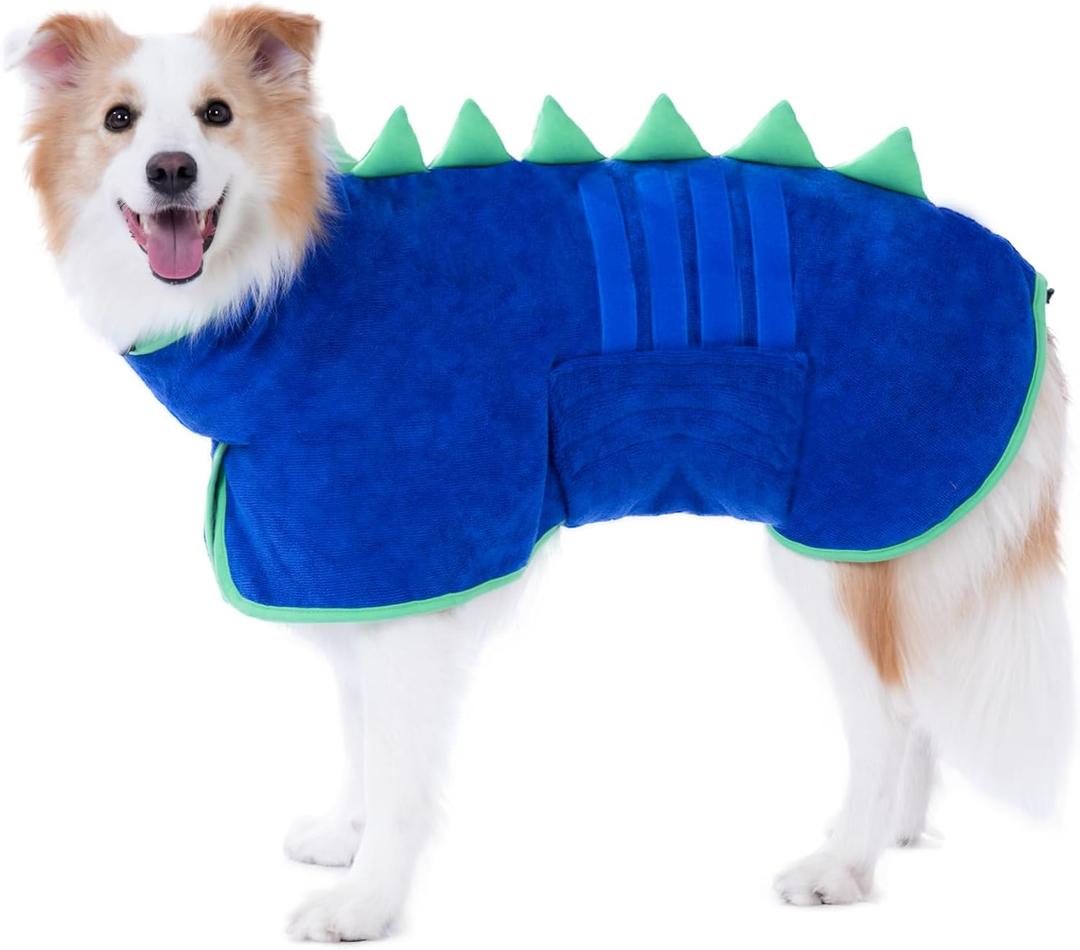 Super Absorbent Dog Bathrobe, Microfiber Bath Robe Towel for Fast Drying, Cozy Fit, Adjustable Belly Strap, Unique Dinosaur Design Dog Drying Coat for Bath, Rainy Walks & Cold Weather XL