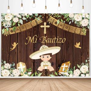 InMemory Newborn Mi Bautizo Backdrop Wood White Flower Gold Boy God Bless First Holy Communion Baptism Party Decorations Banner Photography Background Photo Booth Props 8x6ft