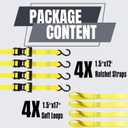 Ratchet Tie Down Straps, 1.5 inch x 12ft, 4400 LBS Break Strength for ATV, UTV, Motorcycle, Pickup Truck, Trailer, Rubber Coatded S-Hook and Soft Loop-4 Pack (Yellow)