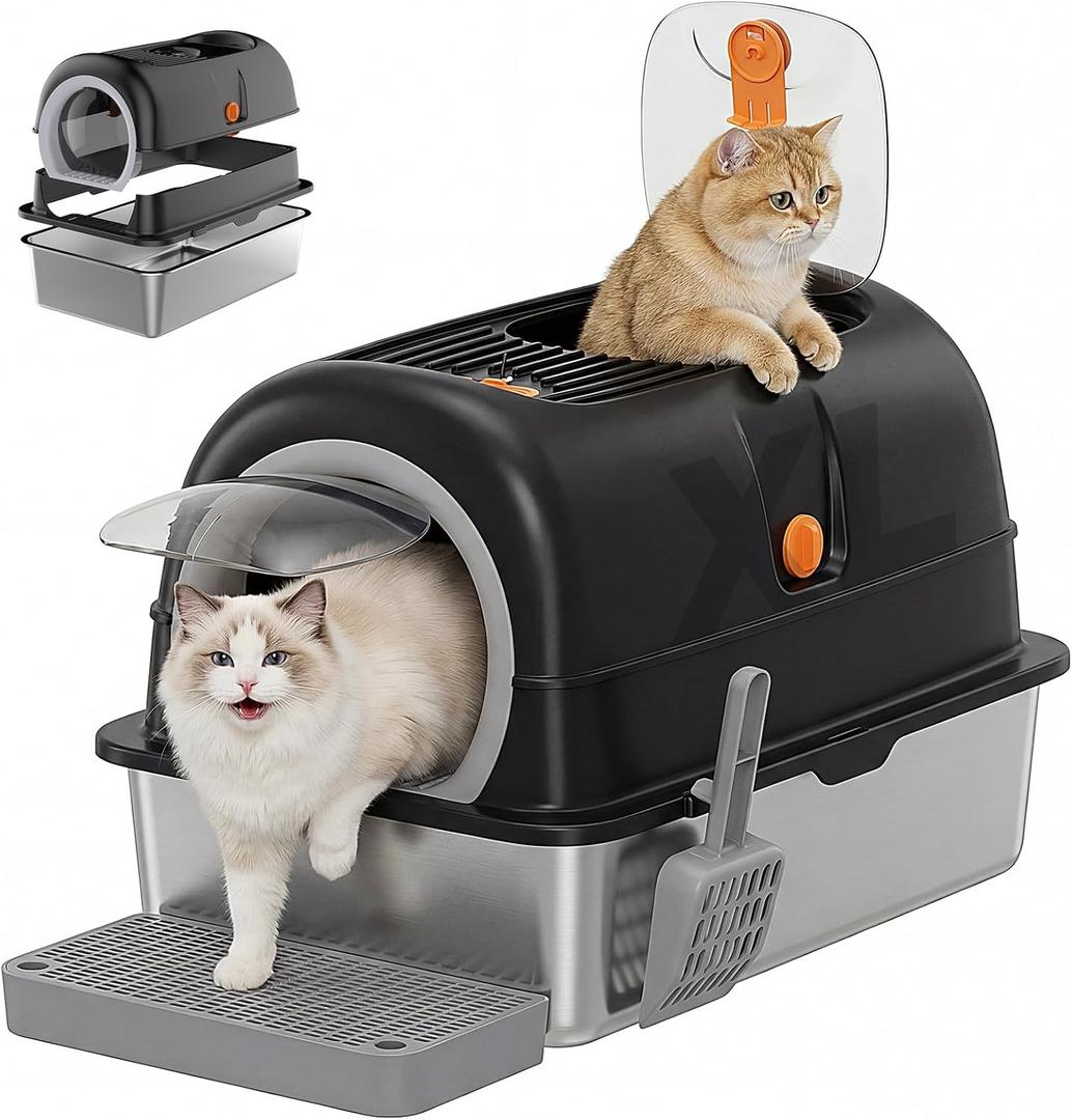 OLIXIS Stainless Steel Litter Box with Lid, Extra Large Enclosed Cat Litter Pan for Big Cats, High Sided Cat Box with Scoop & Mat, Front & Top Entry, Black
