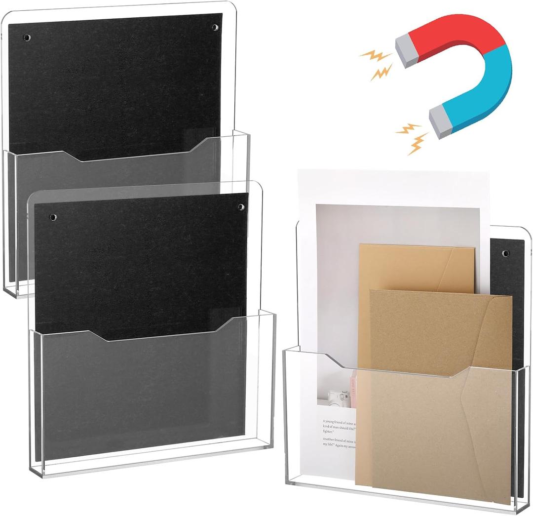 Feifeiya 3 Pack Acrylic Magnetic File Holder Clear Hanging Wall File Organizer Mail Paper Letter Magazine Display Stand Wall Mount Office Classroom Library Fridge Whiteboard
