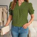 Tops For Women 2025 Boho Floral Short Puff Sleeve Shirts Summer Flowy V Neck Casual Lace Blouses (Green, XL)