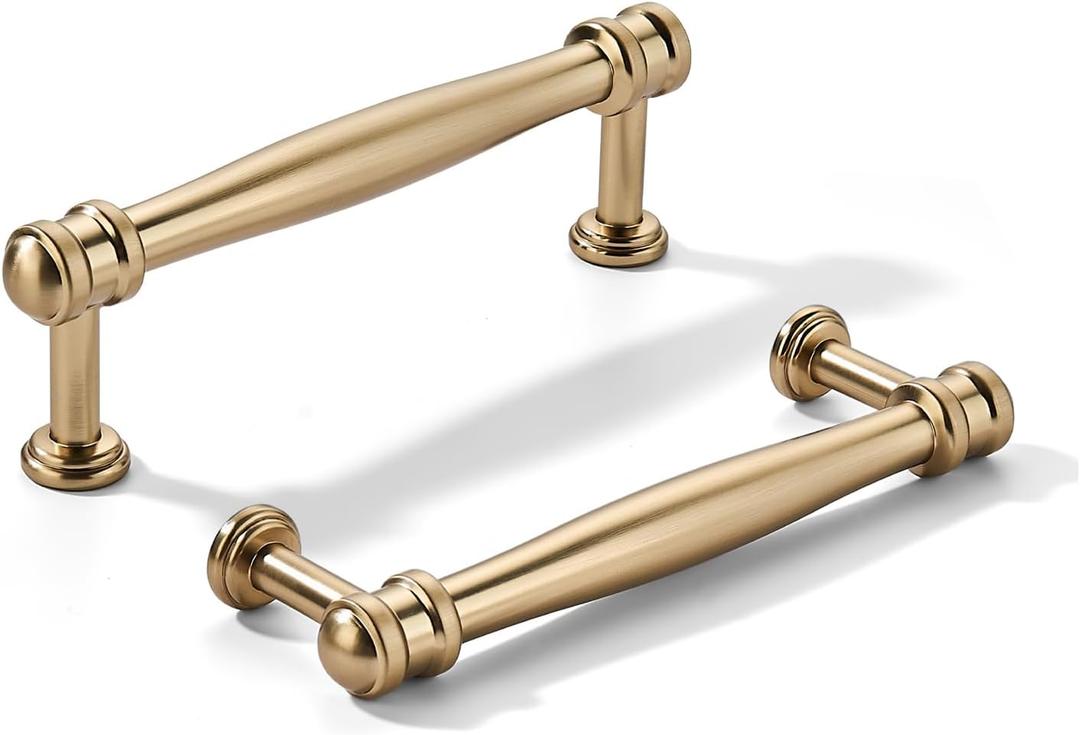 khtumeware 2 Pack 4inch(102mm) Hole Center Brushed Brass Cabinet pulls Satin Brass Solid Heavy-Duty Tradition Kitchen Cabinet Handle Cabinet Hardware for Dressing Table Bathroom Pull