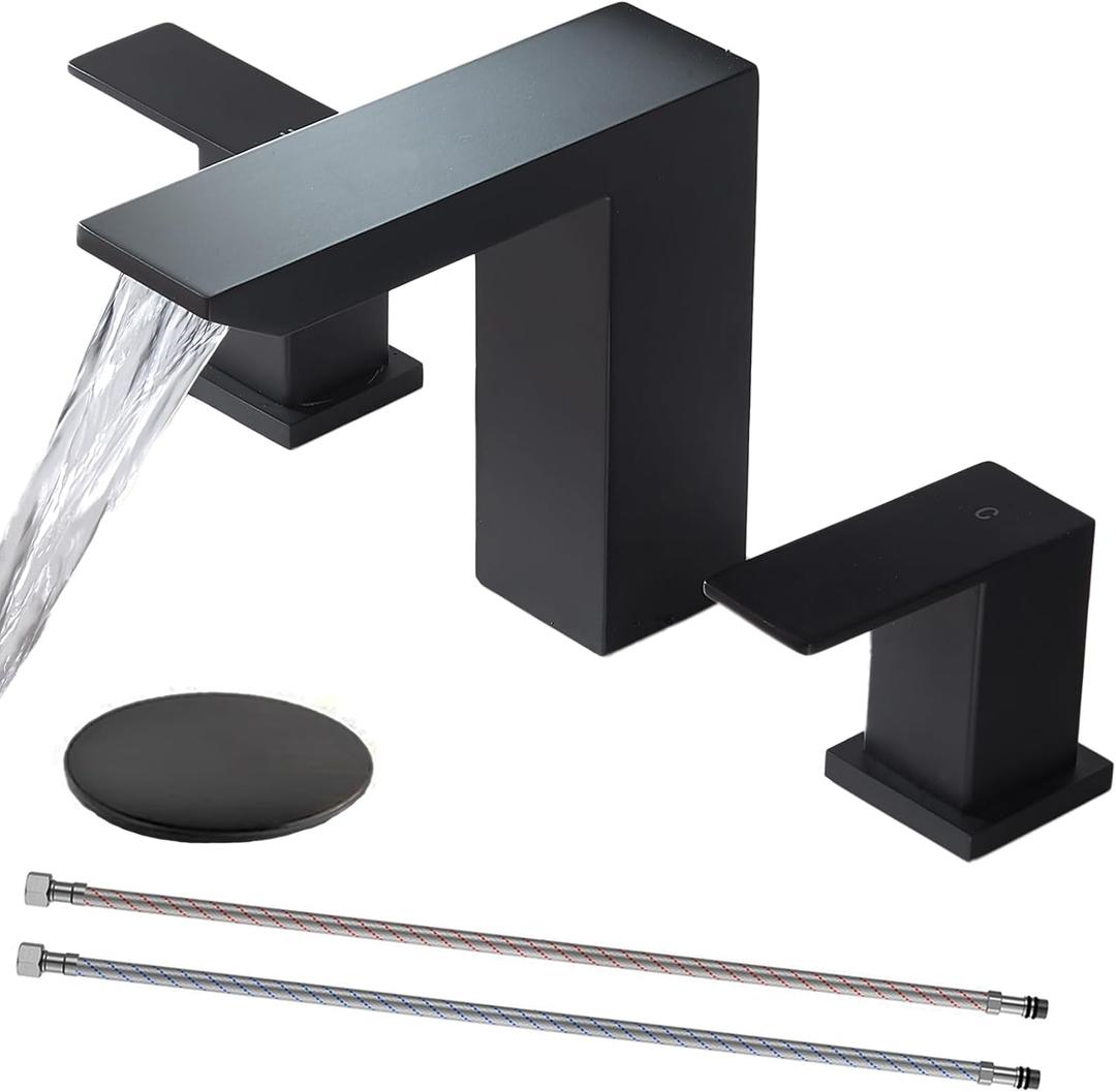 Black Bathroom Faucet, 8 Inch Widespread Matte Black Bathroom Sink Faucet, 3 Hole Waterfall Vanity Faucet with Pop-Up Drain and Hoses for Bathroom Sink Vanity Rv