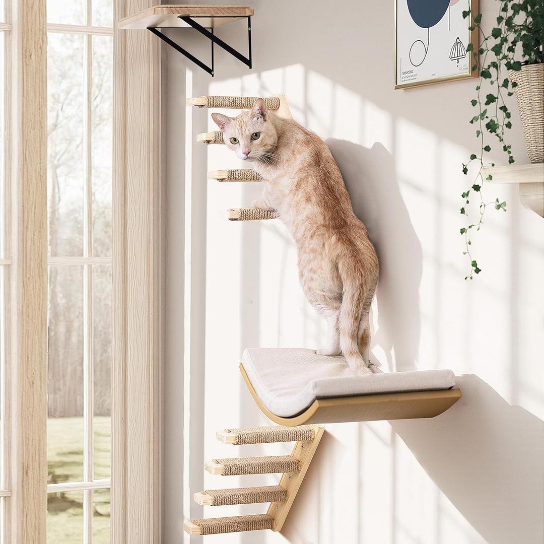 Cat Wall Shelves with Cats Window Perch  4-Piece Wooden Cat Climbing Furniture Set with Soft Foam Curved Bed, Flat Shelf & 2 Wall 4-Steps Ladders