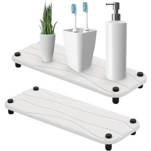 2pc Stone Drying Tray - Diatomite Sink Caddy Kitchen Sink Organizer - Water Absorbing Bathroom Counter Mat - Absorbent Kitchen Soap Tray (White)