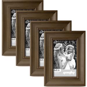 Yaetm 4x6 Picture Frame Set of 4, 1.4 Wide Molding & Brown Wood Grain Photo Frames with HD Tempered Glass, for Table Top & Wall Mounting (4 pack, Brown Wood Grain)