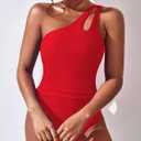 Women One Shoulder One Piece Swimsuit Tummy Control Bathing Suits Modest Full Coverage Cutout Swimwear (Red)