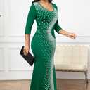 FANDEE Formal Maxi Dress for Women Mermaid 3/4 Sleeve Bodycon Long Gown for Evening Cocktail Party (Blue)