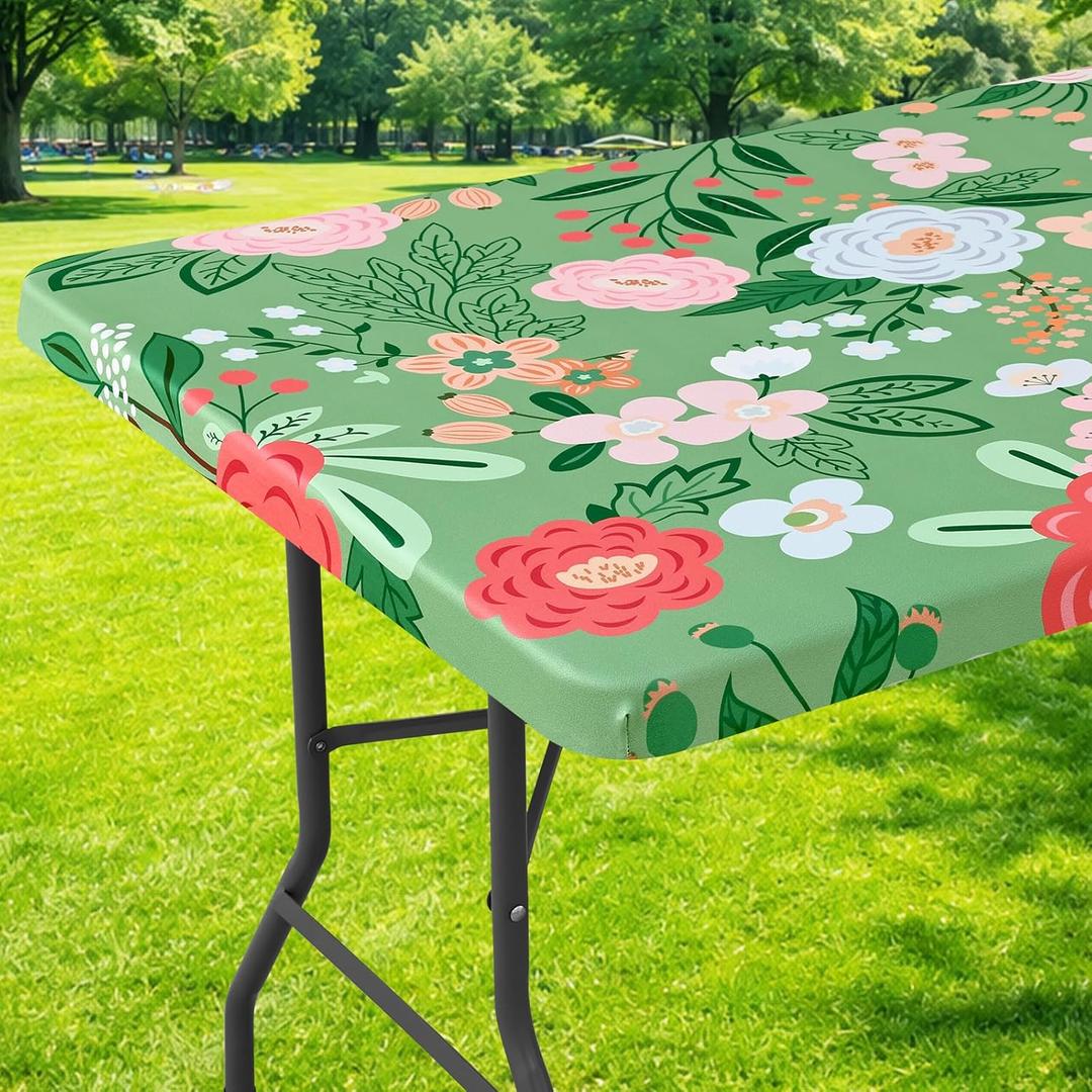 Moosfor Rectangle Fitted Table Cloth, Waterproof Spandex Elastic Tablecloths, Fits for 6 Foot Folding Tables, Stretch Washable Table Cover for Picnic, Camping, Outdoor (Sage Flower, 30"x72")