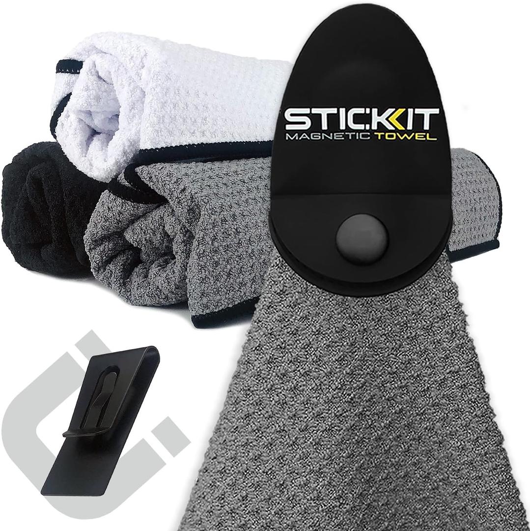 STICKIT Magnetic Sports Towel for Gym & Yoga, Quick-Dry Absorbent Microfiber with Deep Waffle Pockets, Powerful Magnet for Easy Access, Perfect for Workout and Outdoor Activities (Grey)