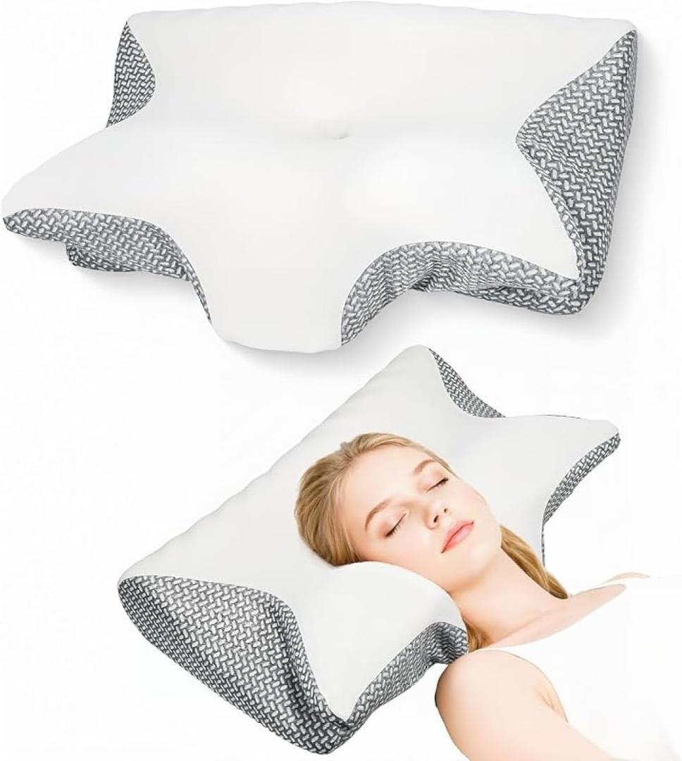 Cervical Neck Pillow: Ergonomic Contour for Side Sleepers, Pain Relief & Neck/Shoulder Support (Grey)