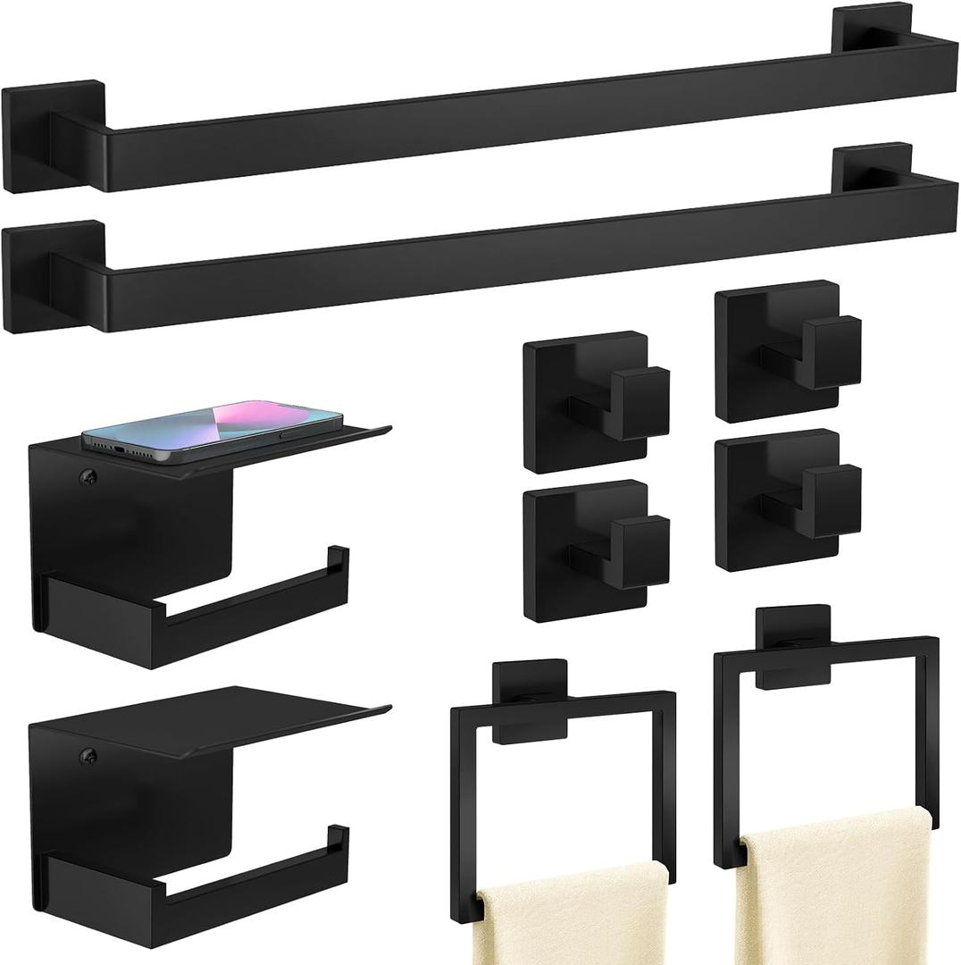 STWWO 10-Piece Matte Black Bathroom Hardware Accessories Set, 24 inch Towel Bar, Stainless Steel Towel Racks for Bathroom, Bath Towel Bar Set Wall Mounted