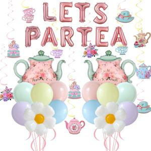 Tea Party Decorations 26Pcs Macaron Balloons with LETS PARTEA Foil Balloon Banner, Teacups andTeapot Hanging Swirls for Floral Spring Birthday Mother's Day Talking Tables Tea Party Supplies