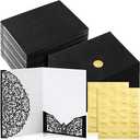 PerKoop 100 Set 5 x 7 Laser Cut Wedding Invitation with Envelopes and Wax Seal Stickers Blank Pocket Invitation Cards Kit for Wedding Bridal Shower Engagement Invite(Black)
