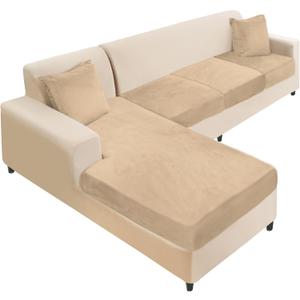 NAISI Sectional Couch Cover 4 Pieces Velvet Separate Couch Cushion Covers L Shape Soft Stretch Sofa Slipcovers with 2pcs Pillowcases for Left/Right Chaise Sectional Sofa(3 Seater+1 Chaise,Camel)