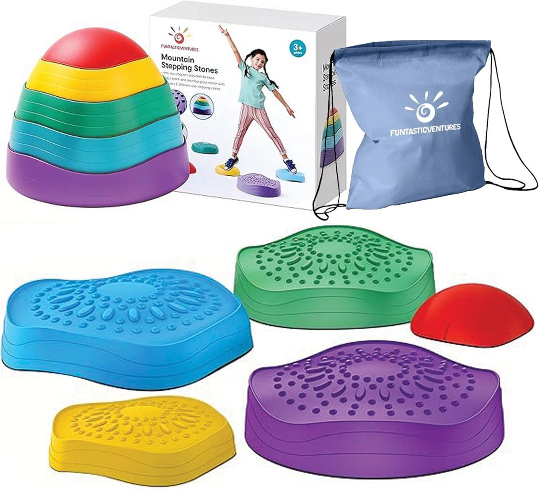Kids Stepping Stones  5-Piece Balance and Coordination Obstacle Course Set with Non-Slip Silicone Bottoms for Indoor and Outdoor Active Play