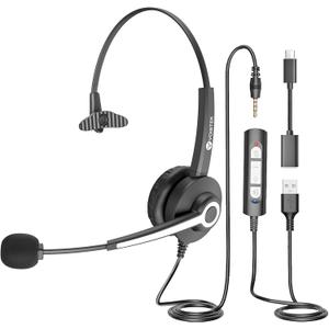 USB Headset with Microphone, Computer Headphones for PC/ Laptop, Wired Work Headset with Microphone Noise Canceling & Volume Control for Home, Office, Teams Meetings, Online Class, Call Center, Skype, Zoom
