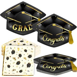 OuMuaMua Graduation Party Supplies Tableware Set,100Pcs Grad Cap-Shaped Paper Plates and Napkins For Class of 2026 College High School Congrats Graduation Party Decorations Favors, Serve 50