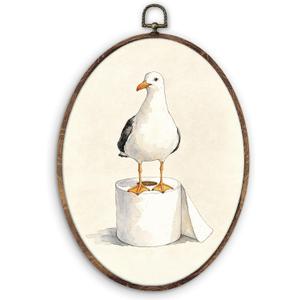 DILSJ Funny Coastal Seagull Bathroom Oval Wall Art Decor, Coastal Beach Canvas Wall Art Framed, Ocean Bird on Toilet Paper Hanging Decorations for Bathroom Washroom Restroom, 8.5x11 Inch