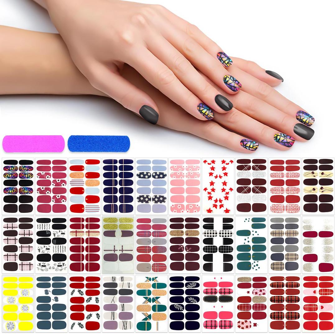 420 Pieces 30 Sheets Nail Polish Strips with Nail File Nail Stickers Full Nail Wraps Self Adhesive Nail Art Stickers Nail Strips for Women Girl Nail Art Accessories