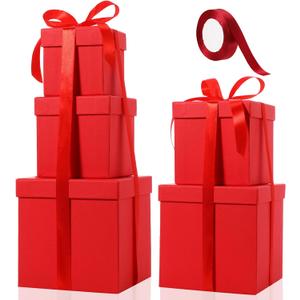 Cholemy 5 Pcs Square Nesting Boxes Decorative Gift Boxes with Lid and Ribbon Assorted Sizes Wrap for St. Patrick's Day, Carnival, Anniversary, Birthday, Bridal Shower Party Gifts(Bright Red)