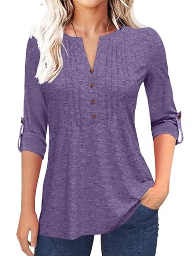 Grlasen Women's Fashion Long Sleeve T-Shirt Pleated Button V-Neck Solid Color Casual Tunic Top Purple, XXL