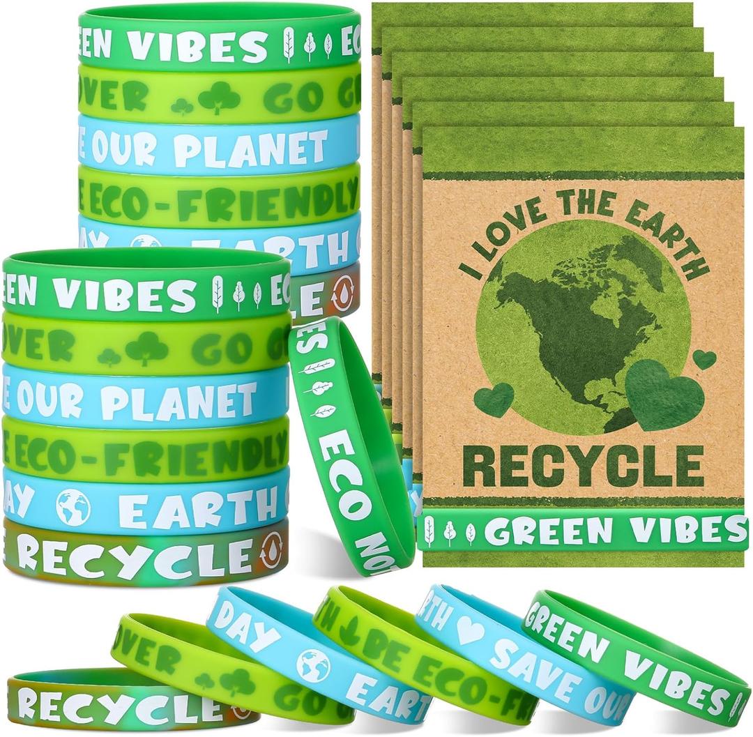 30 Sets/ 60 Pcs Earth Day Wristbands with Love The Earth Cards Party Favors Recycle Wristbands for Educational Activity Gift Party Favor Supplies Accessories