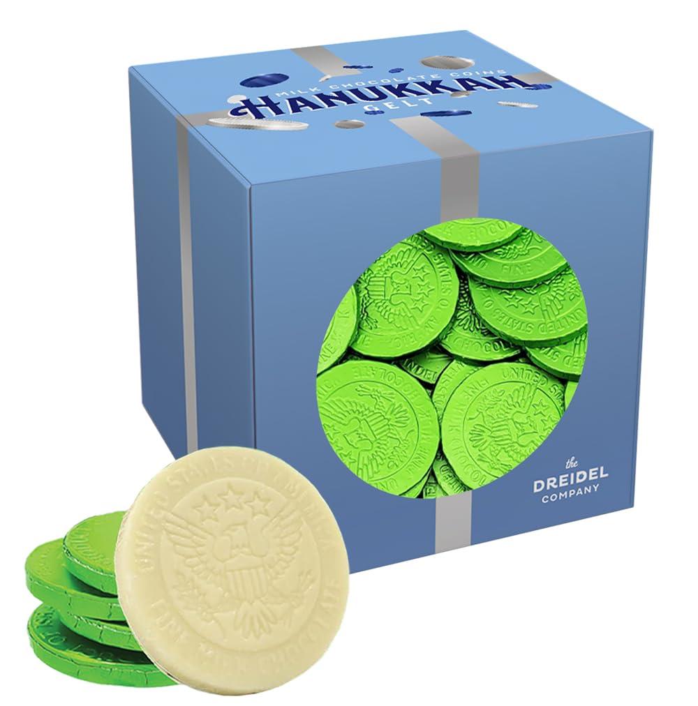The Dreidel Company White Dairy Milk Chocolate Coins, Green Foil Design Hanukkah Gelt, Kosher Cholov Yisroel, Made in Israel (Half-Pound) (BBD 11/02/27) Pack of 2