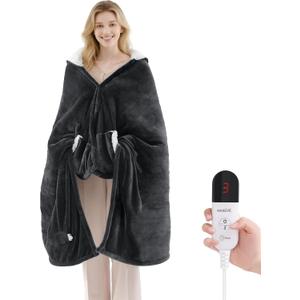 Heated Blanket Wearable Electric Blanket with Hood and Pockets, Heating Throw Blanket, Electric Heated Wrap Shawl with 6 Heating Levels Setting & 4 Hours Auto Shut Off, Machine Washable (Shrot, Grey), Short