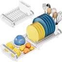 Small Dish Drying Rack, Mini Expandable Compact Dish Rack, Slim Extendable Stainless Steel Dish Drainer for Kitchen Plate Storage, Space Saving Dish Strainer in Sink or on Home Countertop, White
