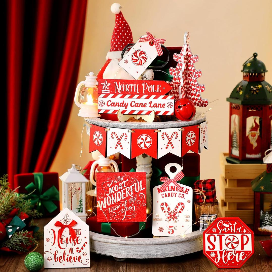 Umigy 14 Pcs Christmas Tiered Tray Decor Rustic Christmas Decorations Santa Candy Wood Sign Decorative Trays Xmas Table Tiered Tray Winter Farmhouse Rustic Table Decor for Home Shelf Tabletop