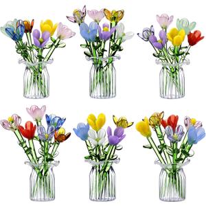 FoldTier 42 Pcs Valentines Mini Glass Flower Decoration Hand Blown Glass Flower Figurines Collectible Ornaments with Vase for Mothers Day Birthday Table Centerpiece Garden DIY Craft(Tulip)
