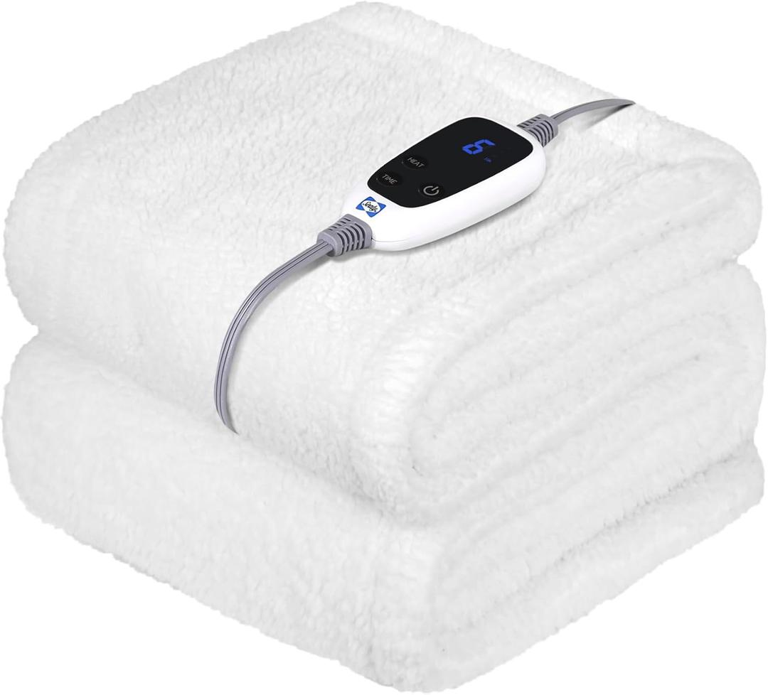 Sealy Electric Blanket Heated Throw 50"x60" Soft Double Sherpa Super Cozy with 6 Fast Heating Levels & 2-10 Hours Auto-Off, Over-Heat Protection, Machine Washable, Ivory