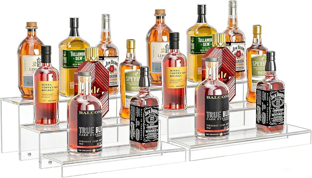 JUESHA 2 Pack Tiers Bar Shelves for Liquor Bottles, 15" Clear Acrylic Risers Display Racks Stands for Figures Pops Cupcake Perfume Collections (Clear)