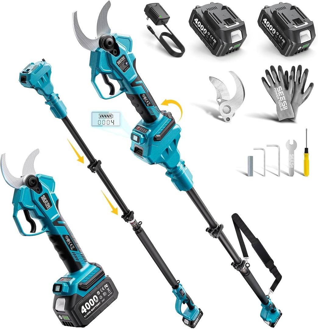 SEESII 2-in-1 Pole Pruning Shears: 1.6" Cutting Diameter Cordless Electric Pole Pruners - Brushless Motor, Dual 4.0Ah Batteries, Extra SK5 Blade, 4 Modes Adjustable Branches Cutter for Tree & Flower