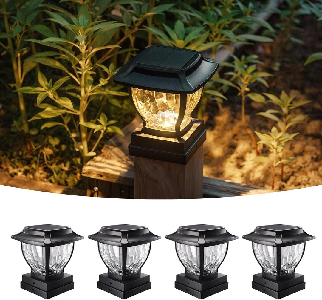 Solar Post Cap Lights Outdoor, Glass Deck Fence Post Cap Light Solar Powered for 4x4 Vinyl/Wooden Posts, Solar Lamp Post Light with 2 Lighting Modes for Patio Garden, Bright Warm White (4 Pack)